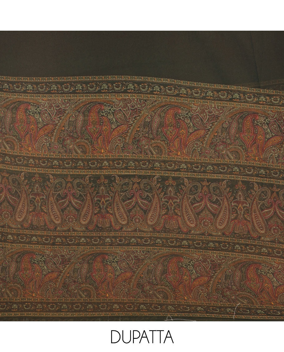 Mehendi green Italian crepe material chudidar set, paisley printed top, plain bottom, and floral-paisley printed georgrette dupatta