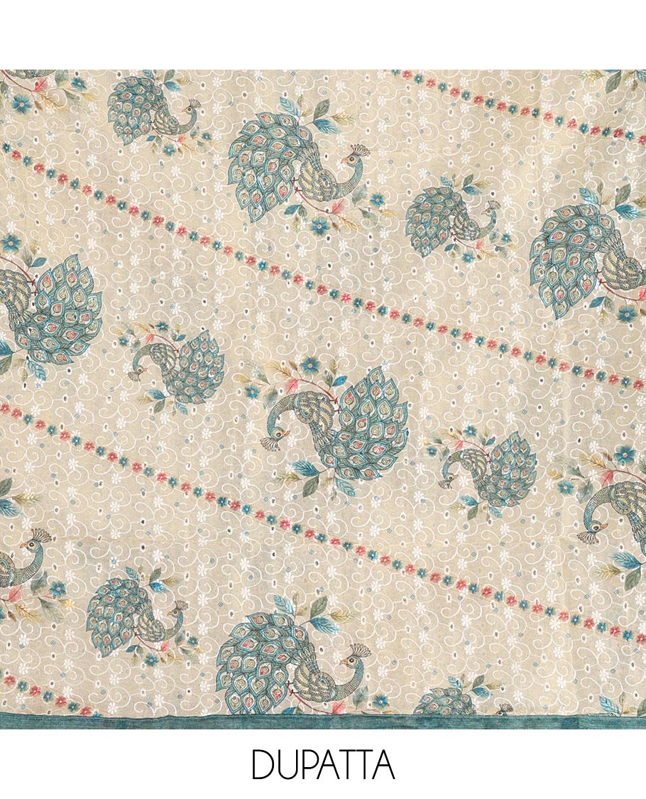 Peacock blue tissue material chudidar set, peacock printed with neck patch embroidered top, plain bottom, dupatta of peacock print, and cut work