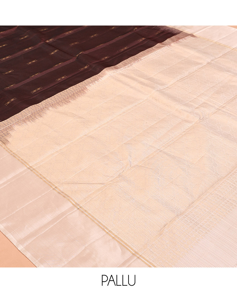 Brown Kanchipuram Silk Saree, Sparsely Woven with Buttas, a Contrast Border, Geometric Patterned Pallu, and a Contrast Blouse