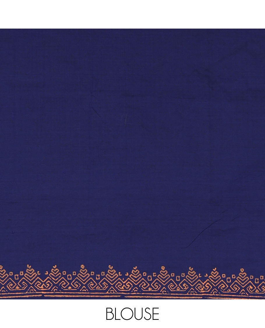 Blue plain South cotton saree, Warli village theme hand block printed border, and pallu, along with contrast printed blouse