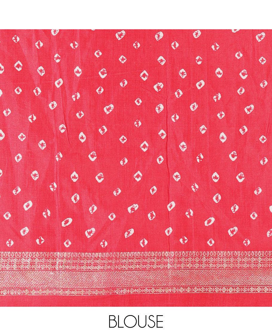 Cream and pink semi-tussar half-saree, shibori printed with contrast geometric patterned bordered skirt, bandhani printed blouse, and bandhani printed dhavani