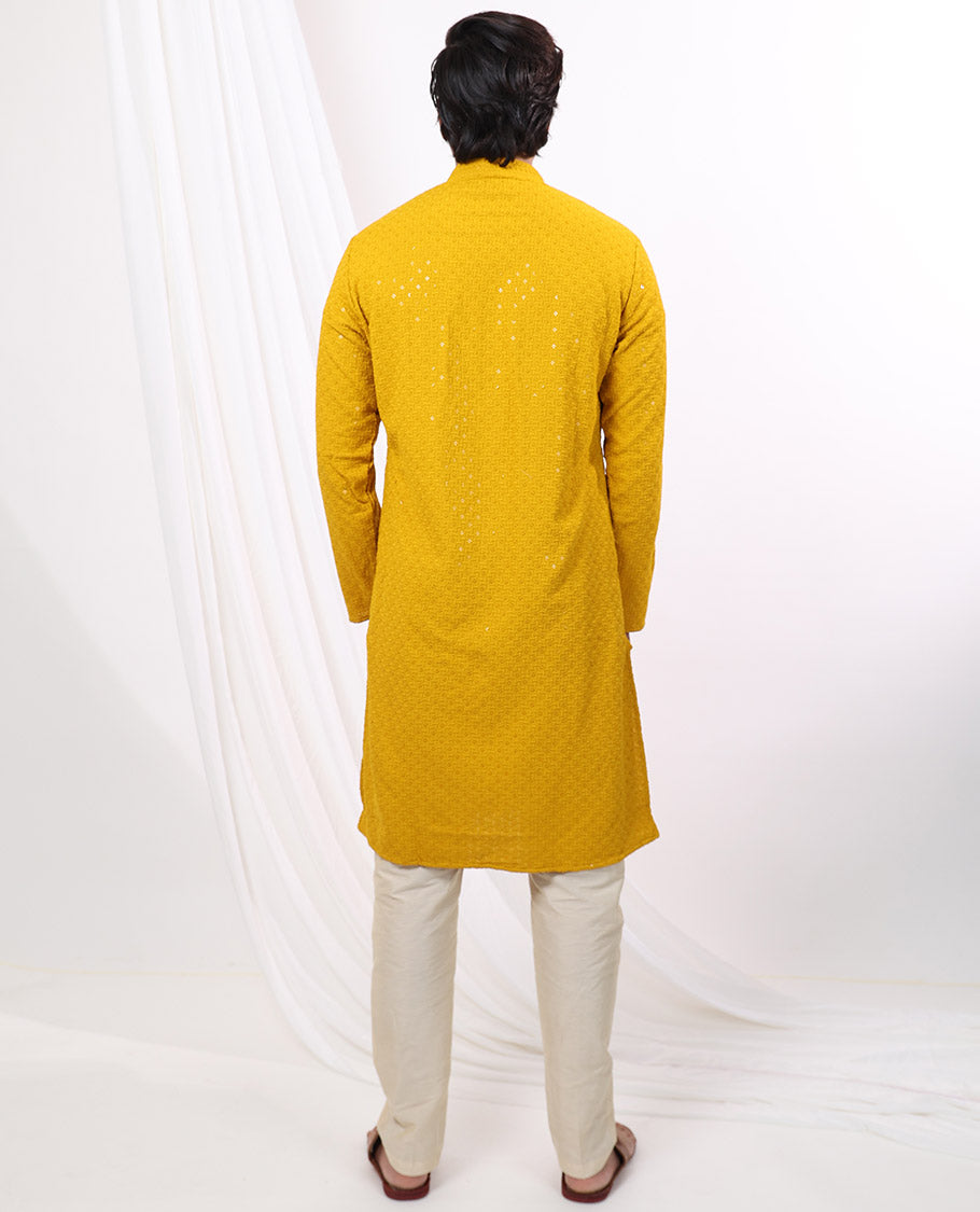 Mustard geometric embroidery with sequins work mandarin collar & full-sleeve long raw silk kurta