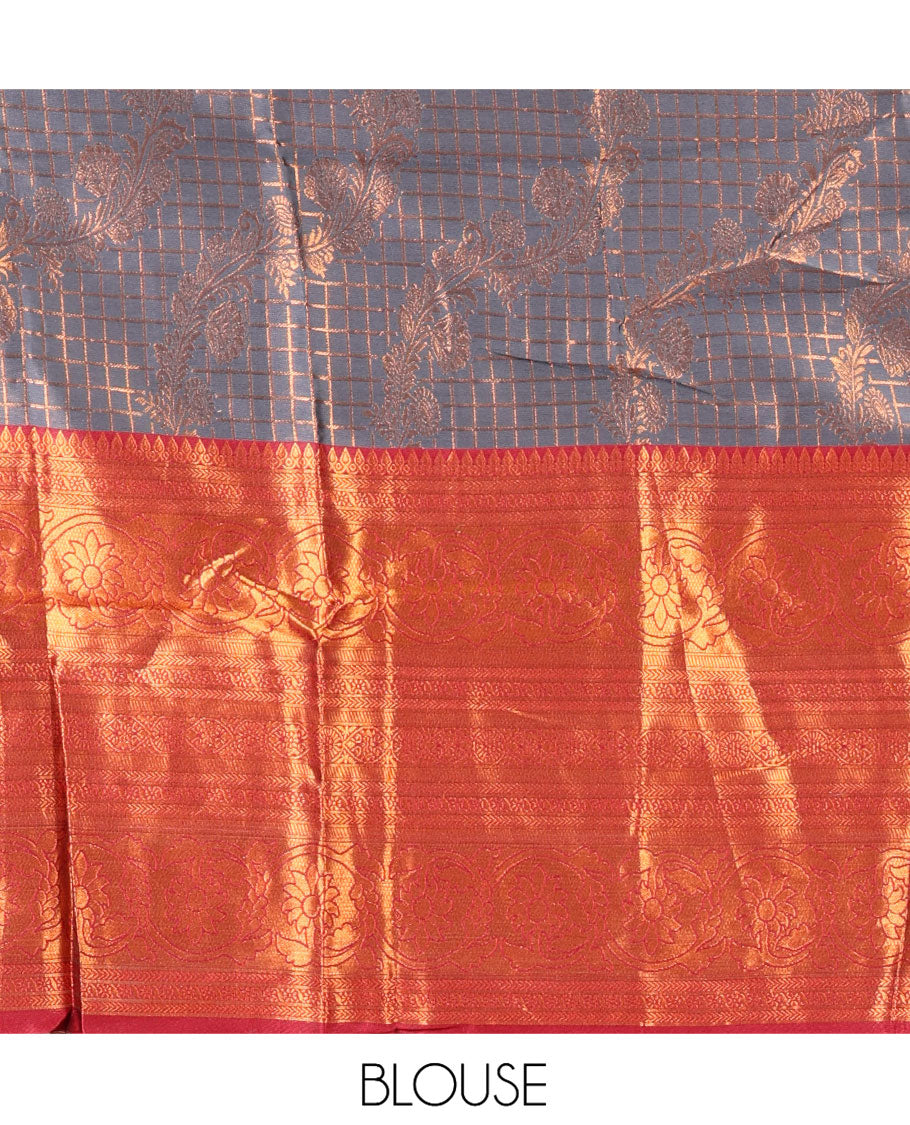 Grey-Red Semi-Banarasi Half-Saree Features Jacquard Skirt, Contrast Traditional Border, Matching Blouse, and Syska Georgette Dhavani