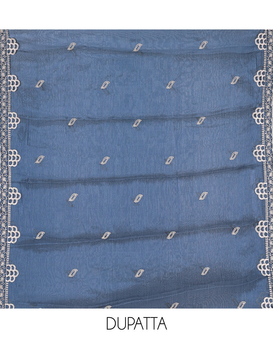 Peacock blue material chudidar set, intricate thread embroidered with stone work velvet organza top, a matching santoon bottom, and a embroidered velvet organza dupatta