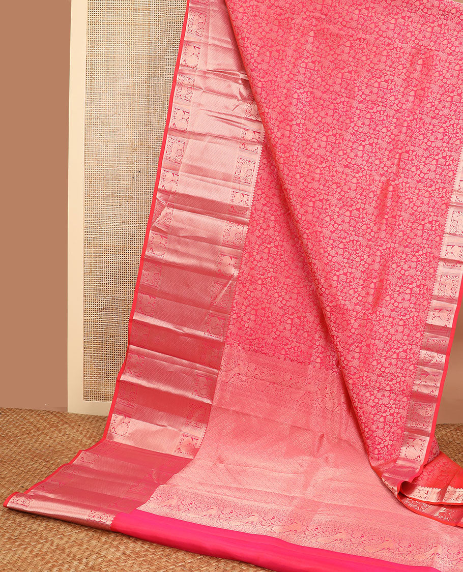 Red floral design kancheepuram silk saree with self border of intricate zari design border & floral design pallu