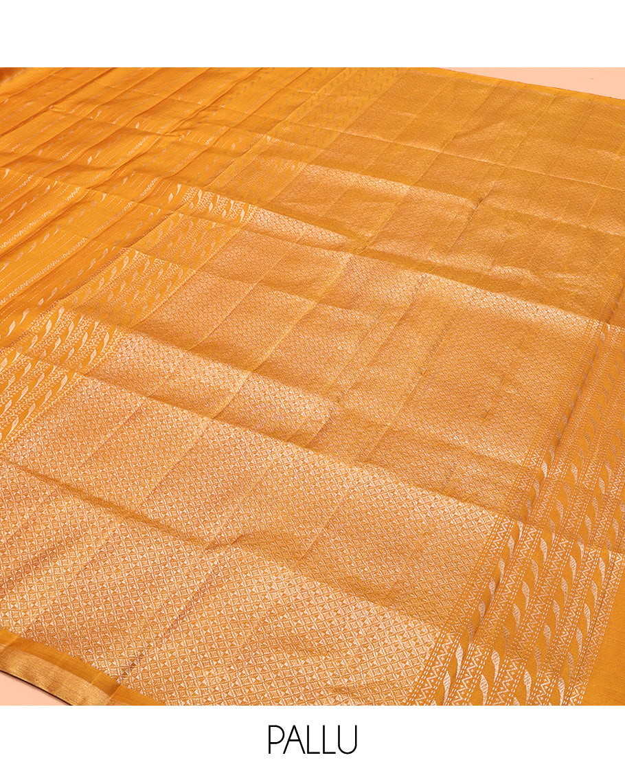 Mustard Mayuri Soft Silk Saree Elevated with Neli and Muthu Stripes On Its Body, Highlighted by Peacock Motifs Border, Jaal Pallu and Paired with a Matching Blouse