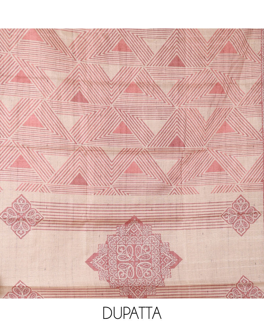 Onion pink semi-tussar material chudidar set, triangle printed top, heathered bottom & dupatta of triangle & four-petal floral print