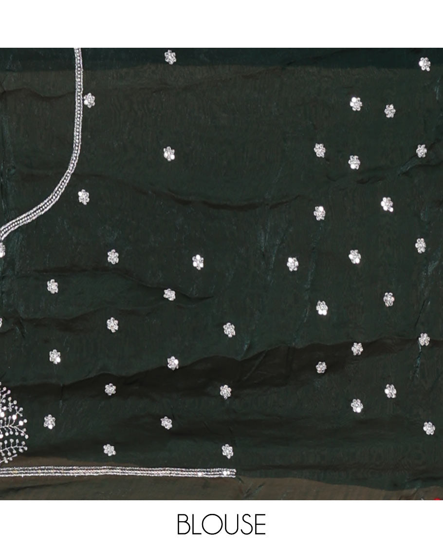 Dark green half-saree, buttas, tree, and peacock motifs embroidered semi-taffeta silk top, matching blouse, and contrast scallop embroidered dhavani