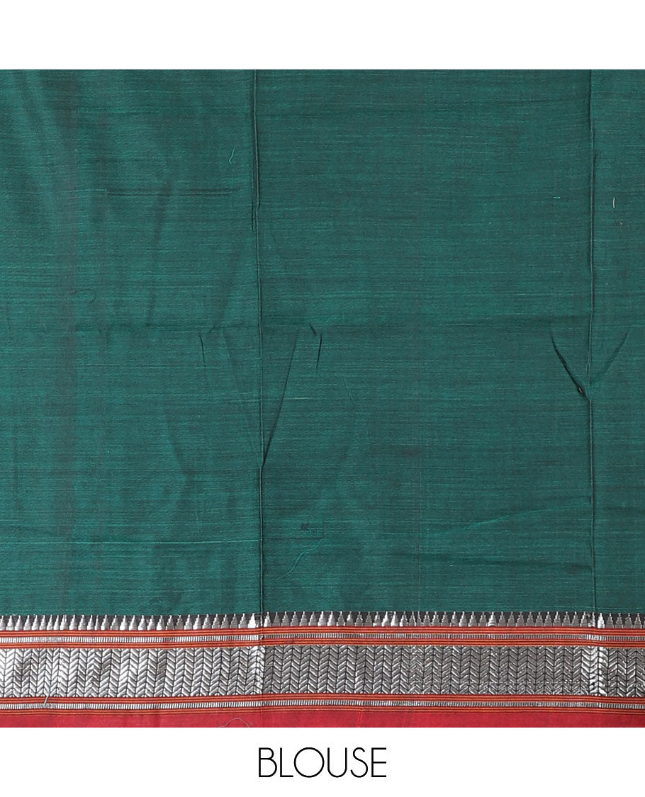 Dark green half-saree, plain with contrast traditional zari bordered skirt, matching blouse, and contrast zari border dhavani
