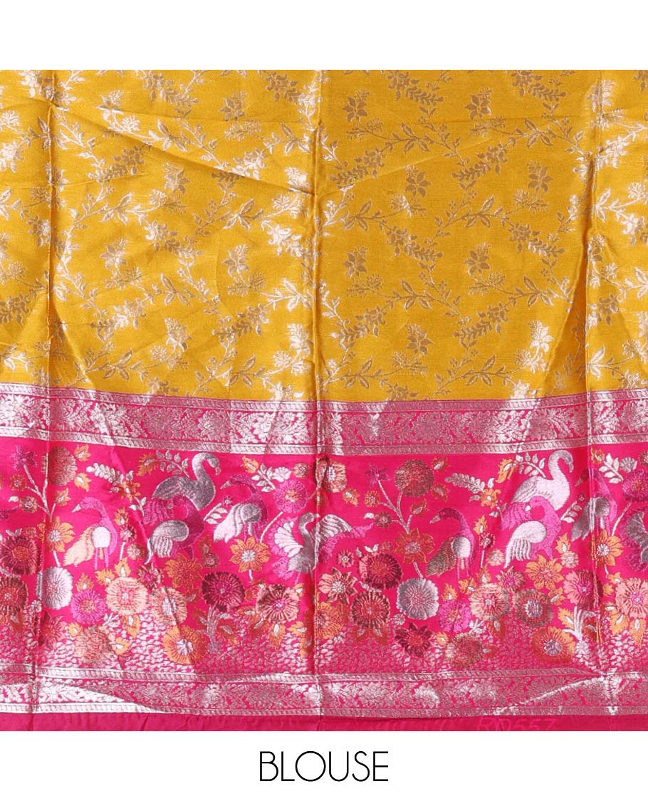 Haldi yellow taffeta silk half saree, floral jaal jacquard skirt, contrast rani zari meenakari style bird border, matching blouse, and floral jaal dhavani