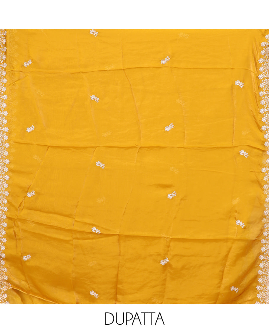 Mustard Fendi Organza Material Churidar Features Embroidered Top, a Santoon Bottom, a Scallop Embroidered Dupatta