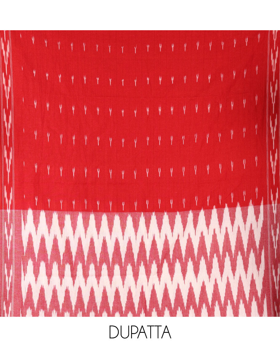 Cream-red material chudidar set, chevron design pure cotton pochampally ikkat top, contrast bottom & chevron design pochampally ikkat dupatta