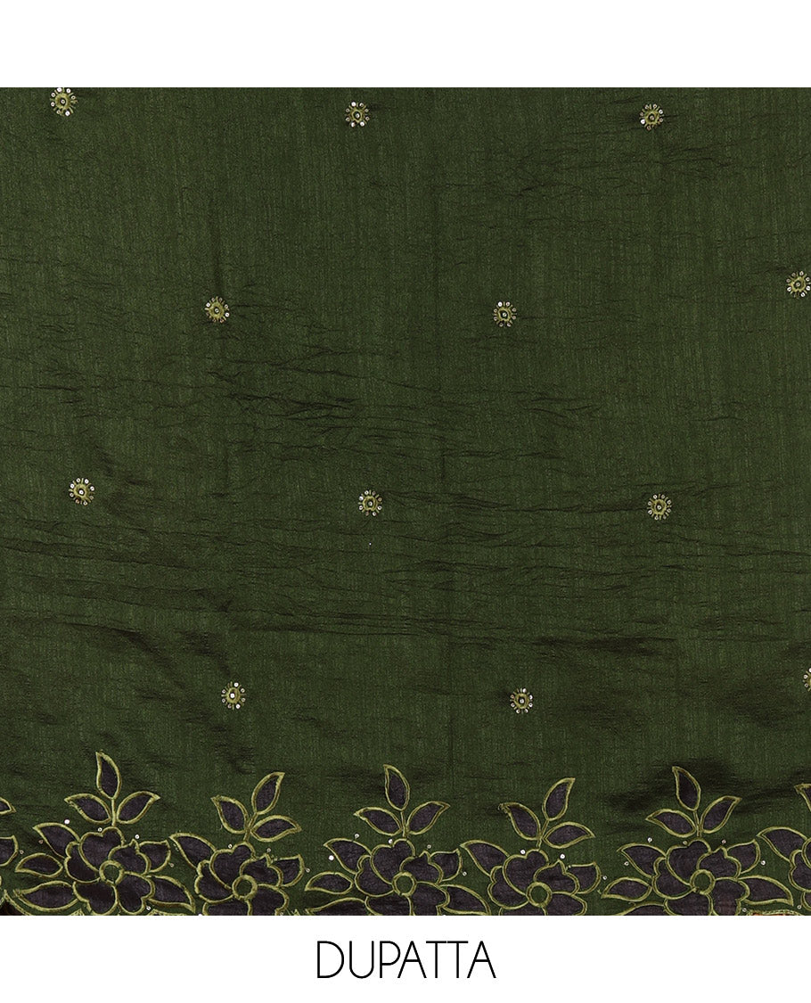 Green material chudidar set, sequins work with floral Aplic embroidered Vichitra silk top, matching bottom, and an embroidered dupatta
