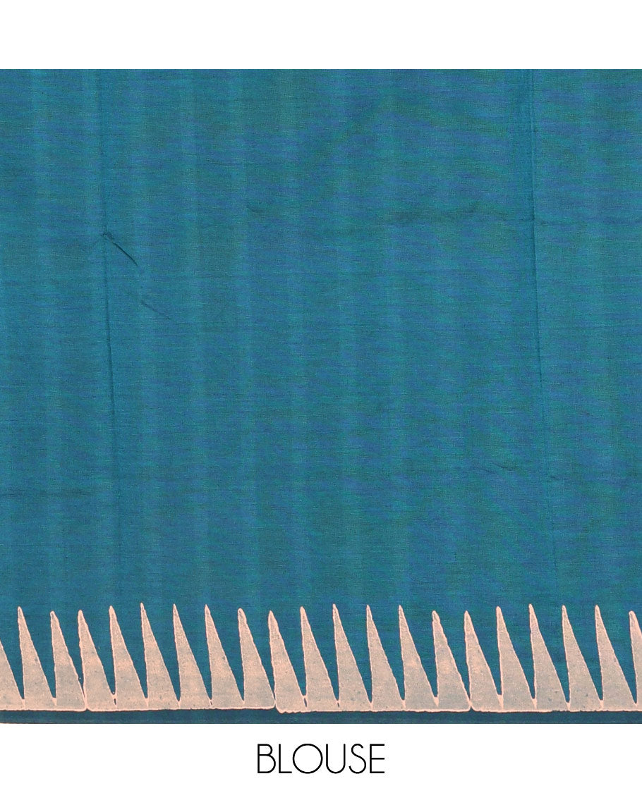 Peacock green sparrow motifs block printed South cotton saree, temple printed border, printed pallu, a matching blouse and a contrast floral vine printed blouse