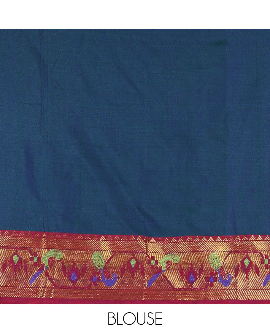 Peacock blue mercerised cotton half-saree, plain & contrast paithani peacock border skirt, matching blouse & contrast plain zari border dhavani