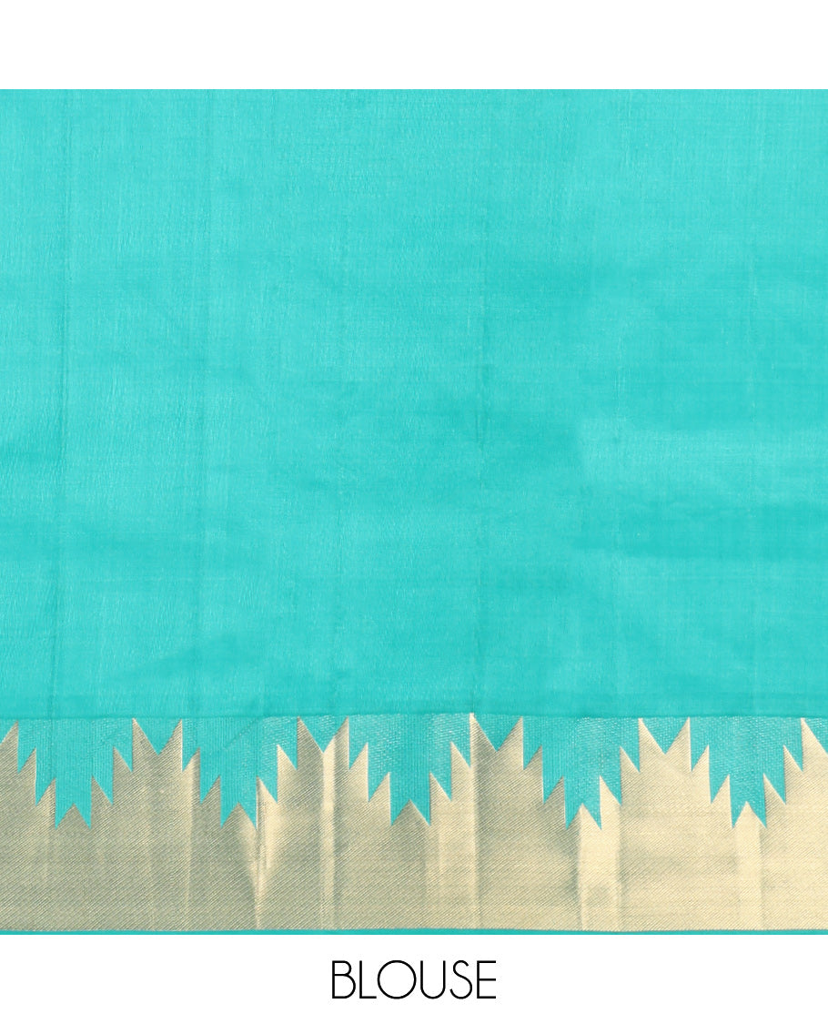 Green Plain Kanchipuram Silk Saree, Highlighted by a Zari Thazampoo Rekku Border, Geometric Patterned Pallu, and Matching Blouse