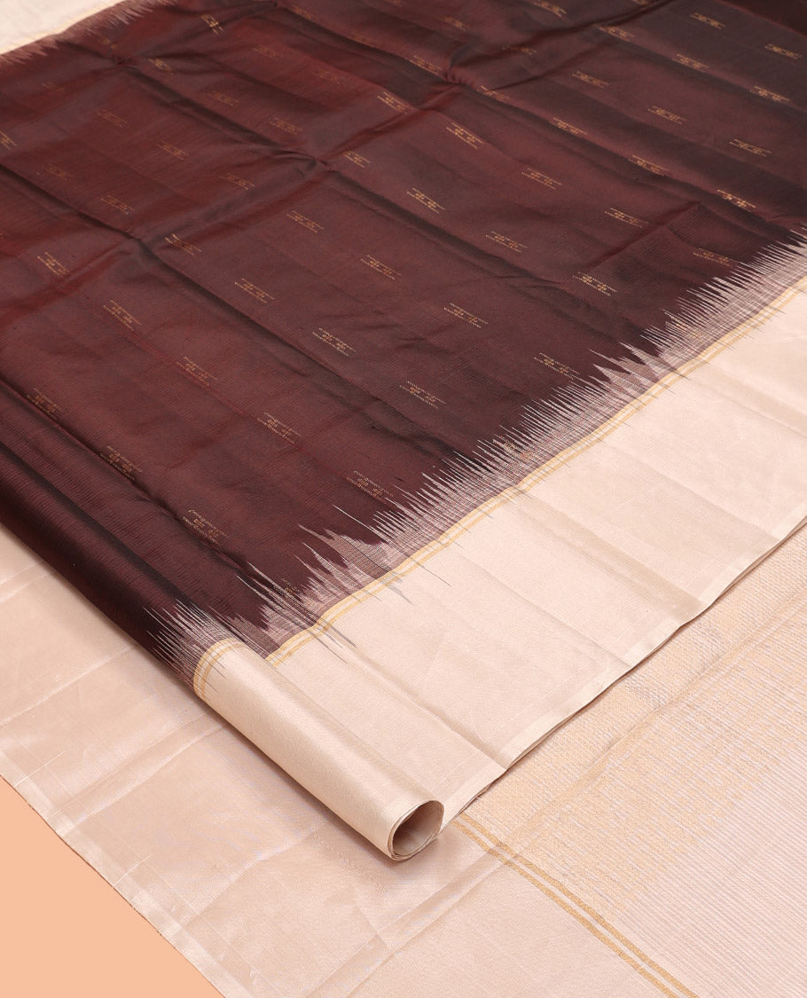 Brown Kanchipuram Silk Saree, Sparsely Woven with Buttas, a Contrast Border, Geometric Patterned Pallu, and a Contrast Blouse