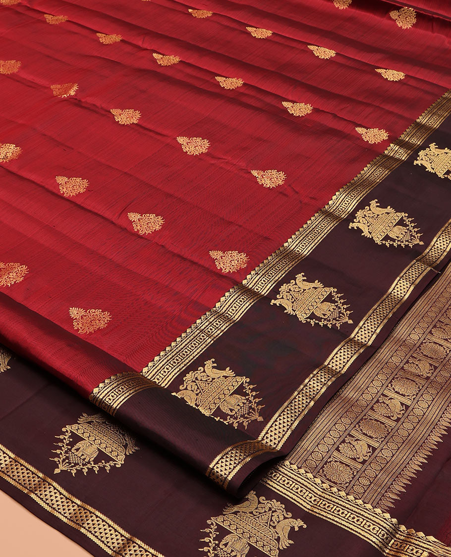 Red Vasundhara Silk Saree, Elevated with Zari Buttas, Contrast Border of Thilakam Mokku, Neli, Kathir, Ara Maadam, Yaanai, and Kili Designs, Grand Pallu, and a Contrast Blouse