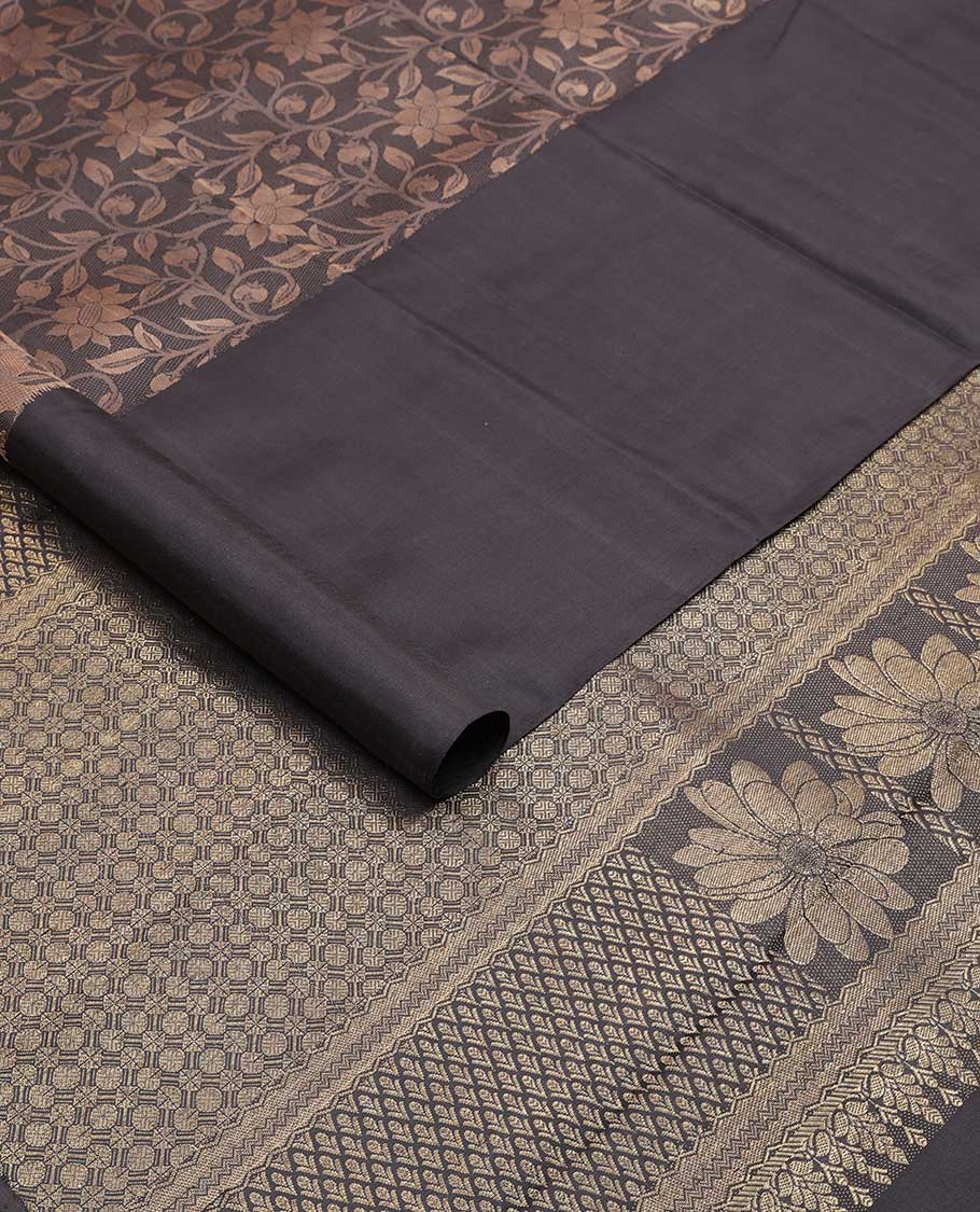 Black floral vine design kanchipuram designer silk saree with self zebra design border & intricate zari design pallu