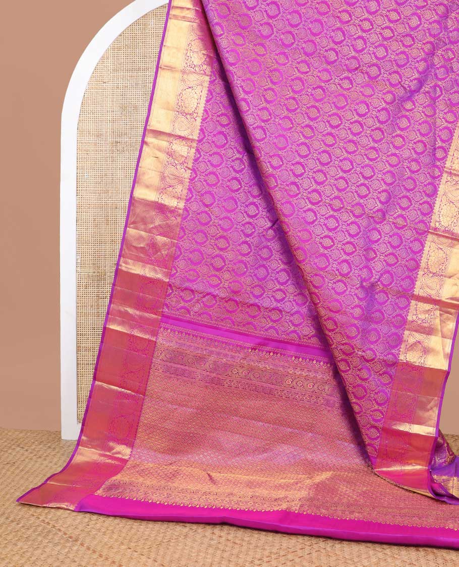 Pink floral jacquard silk saree with self zari border of thilakam mokku, kathir, banaras design & zari design pallu