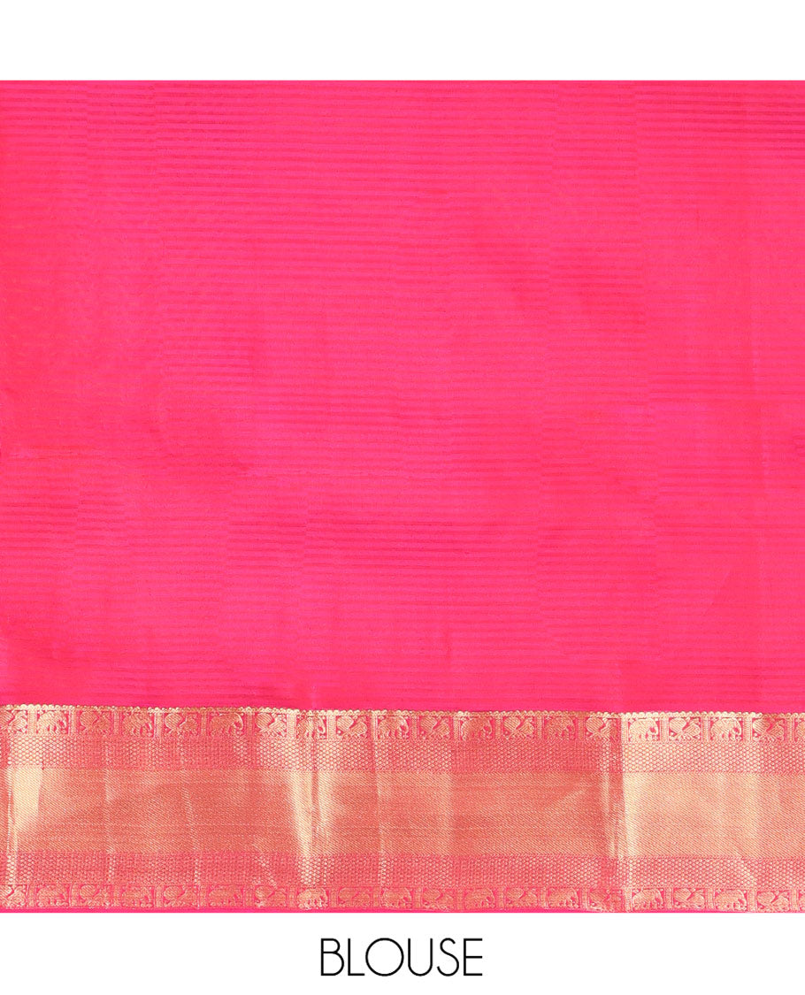 Pink Kanchipuram Silk Saree, Adorned with Mayil Buttas on Its Body, Highlighted by a Zari Border of Rekku, Mayil, Yaanai, and Mayil Kann Designs, Grand Pallu of Chevron Designs, and Paired with a Matching Blouse