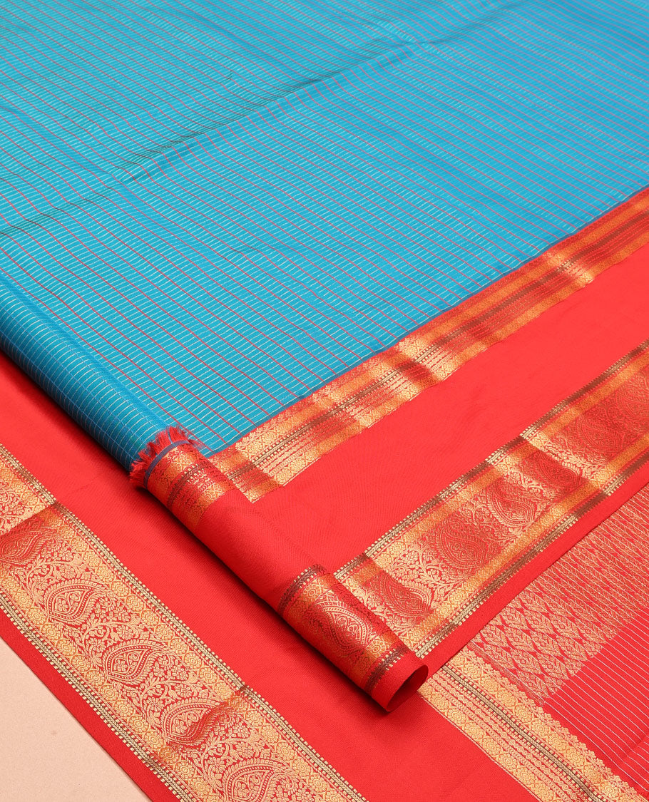 Blue Vasundhara Lite Silk Mix Saree, Elevated with Checks, a Contrast Rettai Pettu Border of Kamalam, Muthu, Kathir, and Manga Designs, Grand Pallu, and a Contrast Blouse