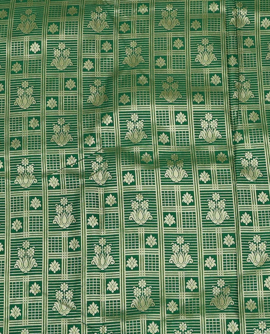 Green Art Silk Material Half Saree Set Featuring a Jacquard Skirt, a Contrast Traditional Zari Design Border, Contrast Blouse, and Zari Designs Dhavani