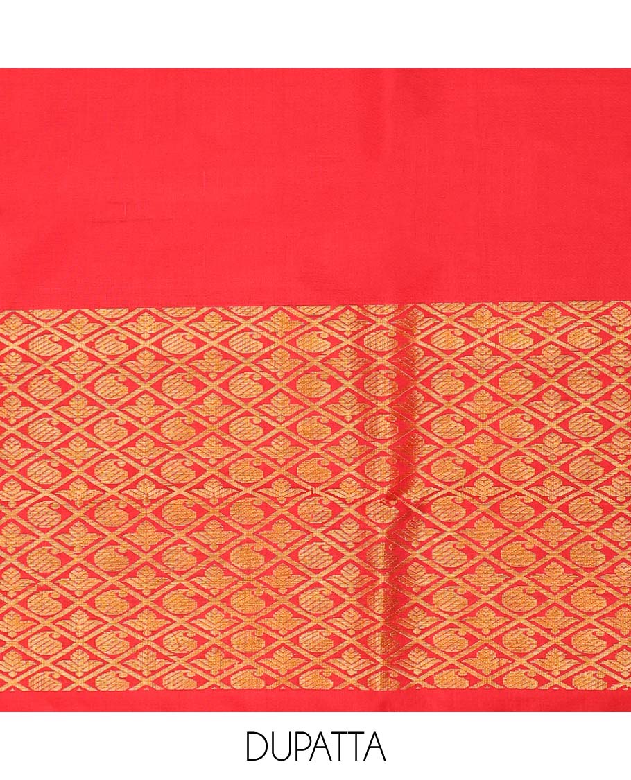Pink floral buttas pure silk half saree with contrast intricate zari design border, zari design blouse & argyle zari design dhavani