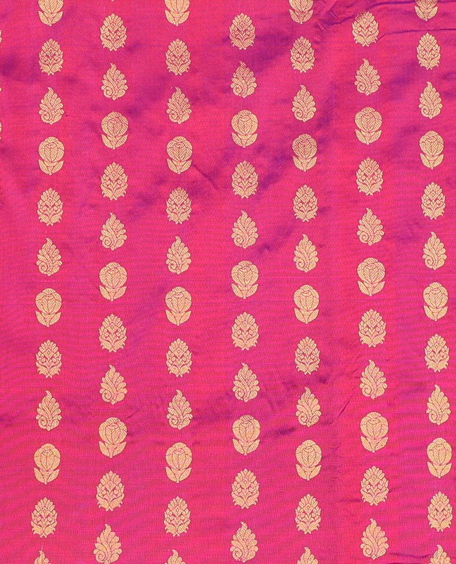 Pink floral buttas pure silk half saree with contrast intricate zari design border, zari design blouse & argyle zari design dhavani