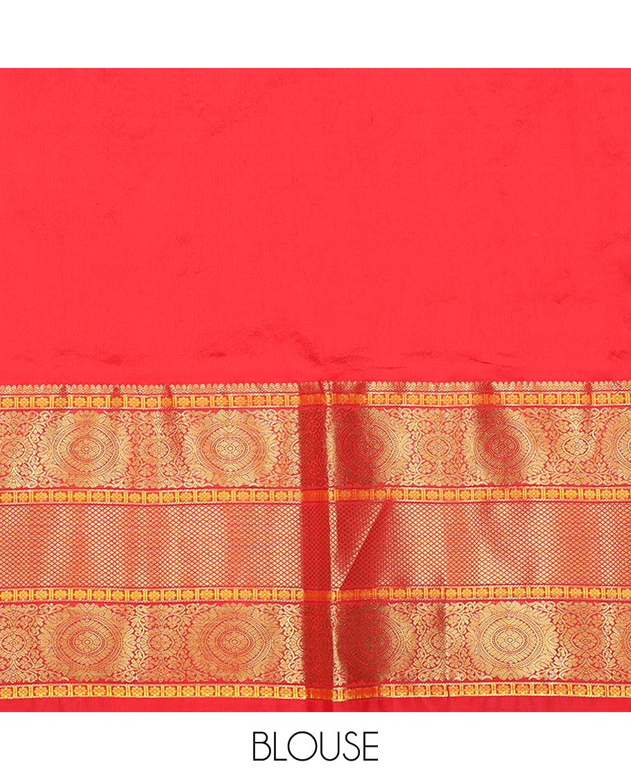 Pink floral buttas pure silk half saree with contrast intricate zari design border, zari design blouse & argyle zari design dhavani