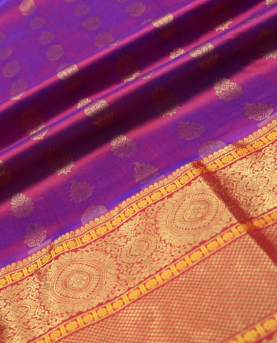 Pink floral buttas pure silk half saree with contrast intricate zari design border, zari design blouse & argyle zari design dhavani