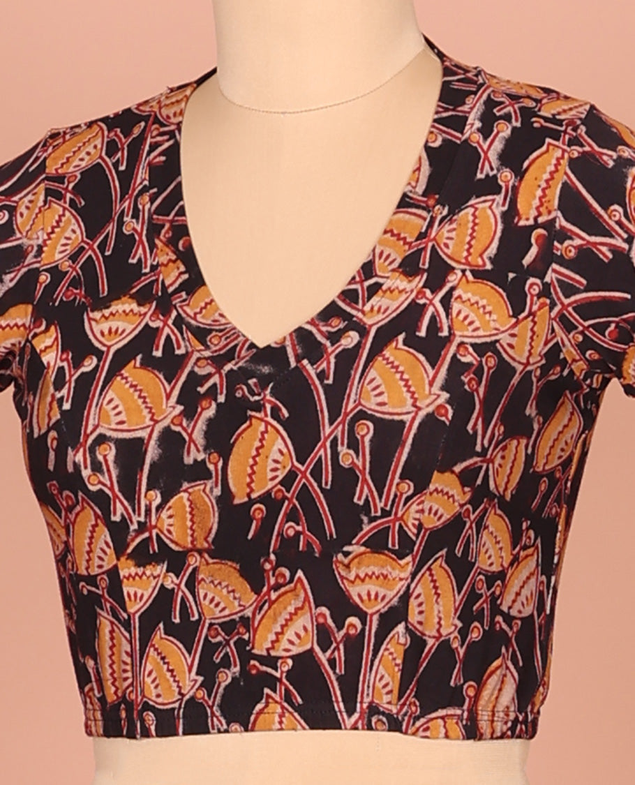Black Cotton Readymade Blouse Graced with All-Over Floral Motifs Print, Featuring a Front Leaf-Neck, a Closed Back Neck, and Elbow Sleeves