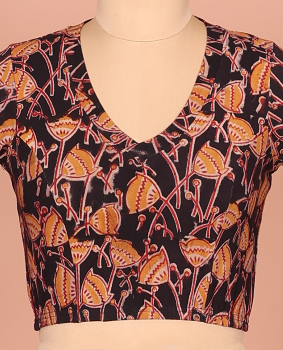 Black Cotton Readymade Blouse Graced with All-Over Floral Motifs Print, Featuring a Front Leaf-Neck, a Closed Back Neck, and Elbow Sleeves