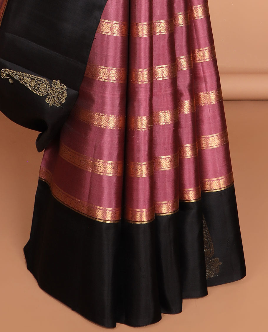 Onion pink striped soft silk saree with contrast leaf border & striped pallu