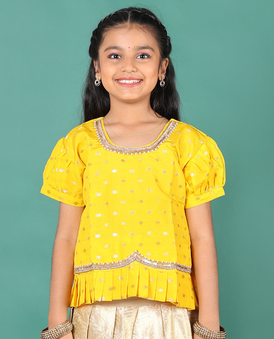 Sandal readymade art silk pavadai, jacquard & contrast zari border skirt & contrast zari buttas embroidered puff-sleeve blouse
