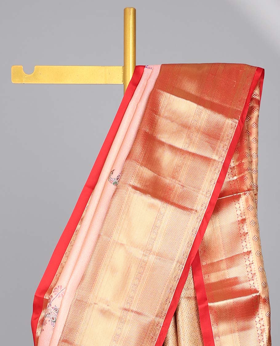 Peach peacock buttas budget silk saree with contrast intricate zari design border & floral zari design pallu