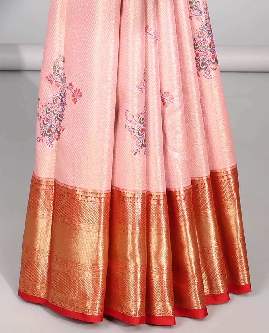 Peach peacock buttas budget silk saree with contrast intricate zari design border & floral zari design pallu