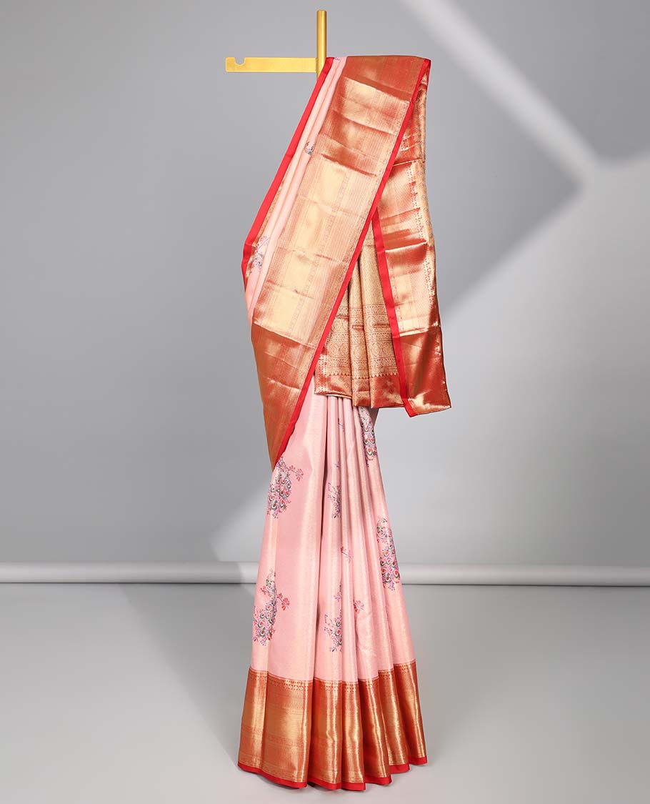 Peach peacock buttas budget silk saree with contrast intricate zari design border & floral zari design pallu