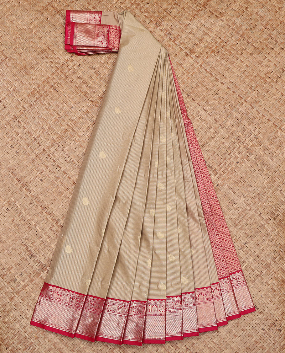Beige Budget Silk Saree, Subtly Sparkled with Zari Buttas and Stripes, Complemented by a Contrast Traditional Zari Border, Grand Pallu, and a Contrast Blouse