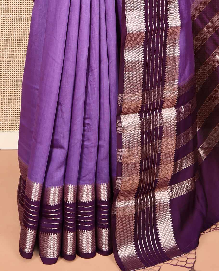 Violet Plain Assam Silk Saree, Complemented by a Contrast Traditional Zari Border, Zari-Striped Pallu, and a Contrast Blouse