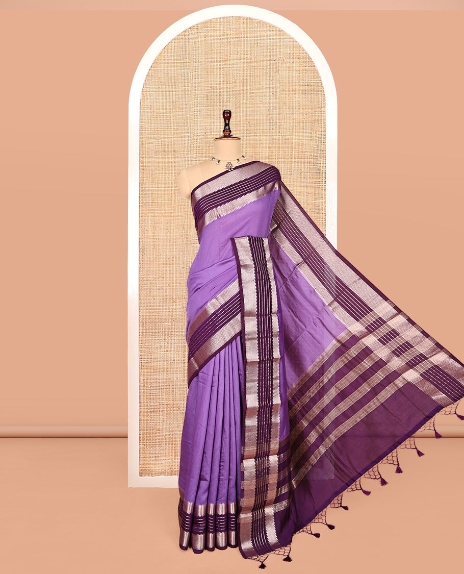 Violet Plain Assam Silk Saree, Complemented by a Contrast Traditional Zari Border, Zari-Striped Pallu, and a Contrast Blouse