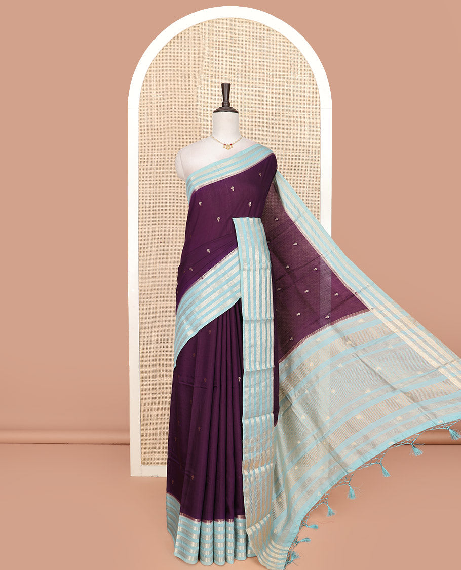 Purple Assam Silk Saree Prettified with Zari Buttas, Complemented by Contrast Zari Border Featuring Traditional Zari Designs, a Gleaming Pallu of Zari Stripes, and Paired with a Contrast Blouse