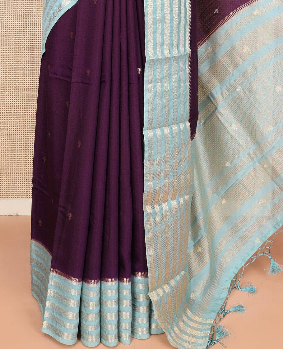 Purple Assam Silk Saree Prettified with Zari Buttas, Complemented by Contrast Zari Border Featuring Traditional Zari Designs, a Gleaming Pallu of Zari Stripes, and Paired with a Contrast Blouse