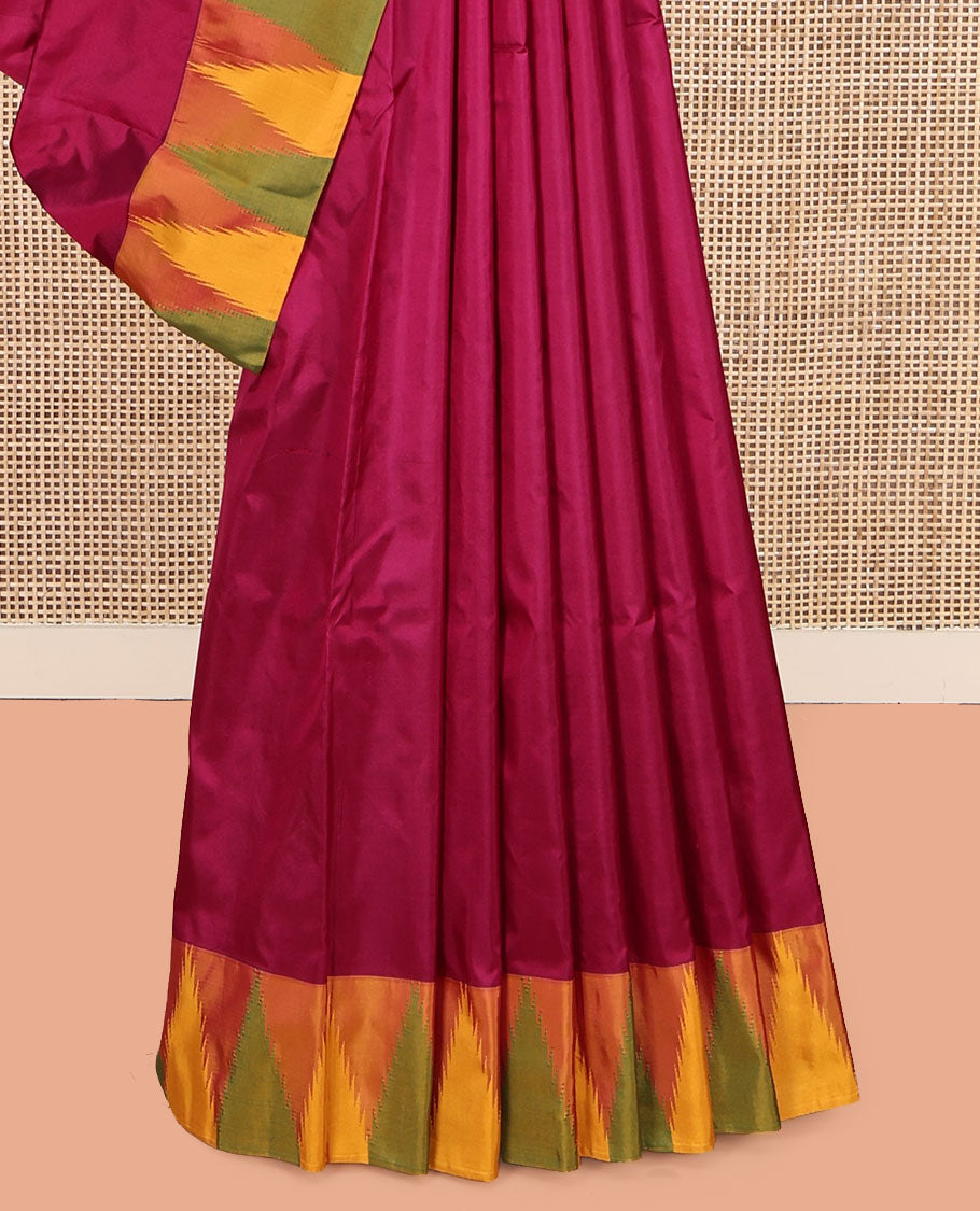 Purple Plain Bangalore Silk Saree, Complemented by a Contrast Temple Border, Pallu of Stripes, and a Contrast Blouse