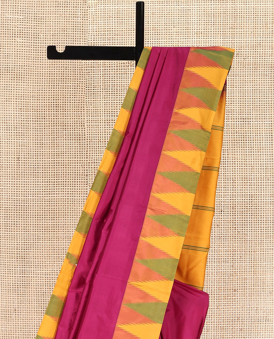 Purple Plain Bangalore Silk Saree, Complemented by a Contrast Temple Border, Pallu of Stripes, and a Contrast Blouse