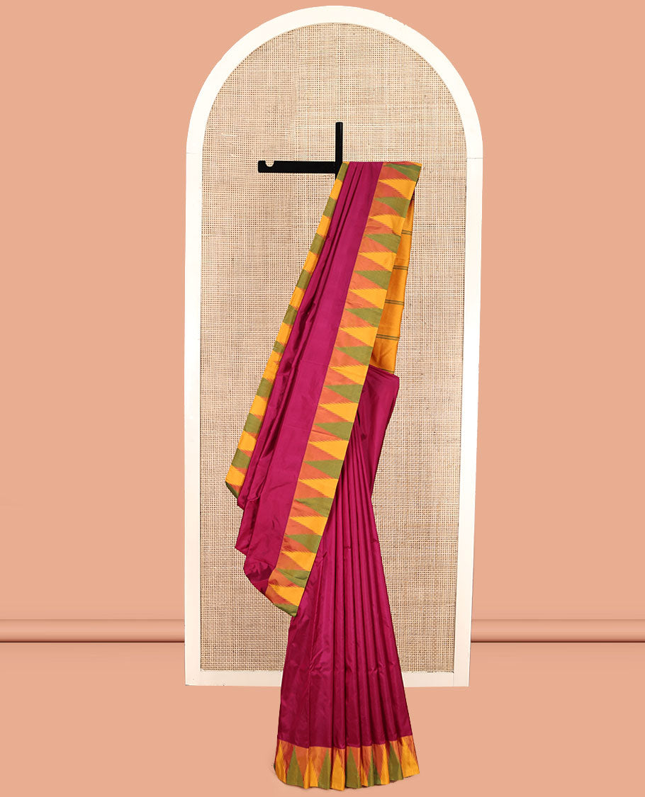 Purple Plain Bangalore Silk Saree, Complemented by a Contrast Temple Border, Pallu of Stripes, and a Contrast Blouse