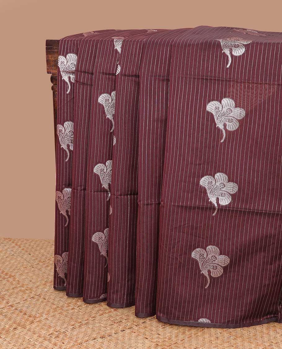 Brown striped, floral design semi silk saree with jaal design pallu