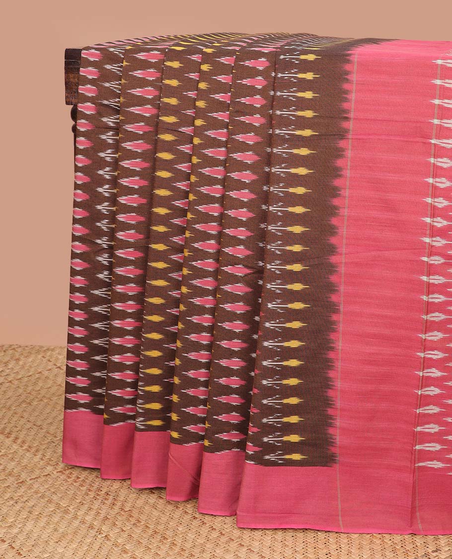Brown geometric design ikkat cotton saree with contrast border & argyle design pallu