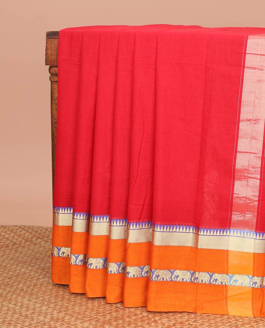 Red narayanapet cotton saree with contrast temple elephant design border & bhavanji pallu