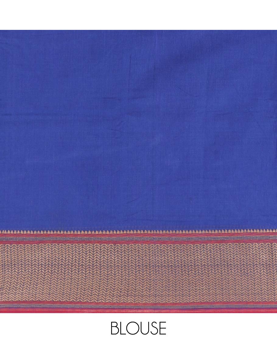 Royal blue plain Narayanpet cotton saree, contrast geometric design border, and striped pallu